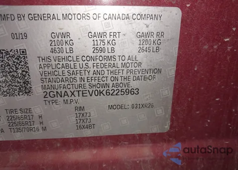 2019 Chevrolet Equinox Lt z USA, uszkodzony, nr VIN 2GNAXTEV0K6225963